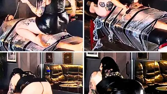 Male Sub in Tight Bondage Face Fucked and Ridden Hard!